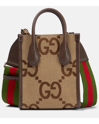 Gucci Mini Full-grain Leather-trimmed Monogrammed Canvas Tote Bag - Brown