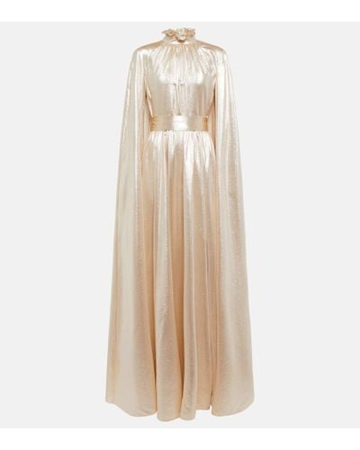 Erdem Macie Cape-effect Belted Silk And Lurex-blend Lamé Gown - Natural