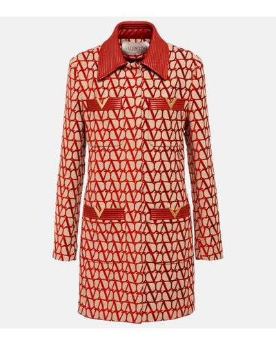 Valentino Manteau en coton melange et cuir a logo - Rouge