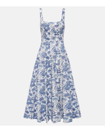 STAUD Wells Printed Cotton Poplin Midi Dress - Blue