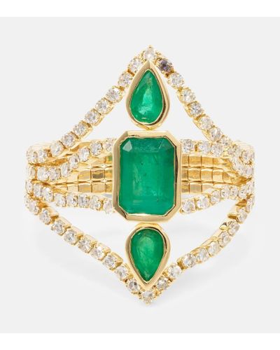 SHAY Delicate Deco 18kt Gold Ring With Emeralds And Diamonds - Metallic