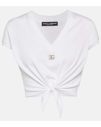 Dolce & Gabbana T-Shirt aus Jersey mit Knoten und DG-Logo - Weiß