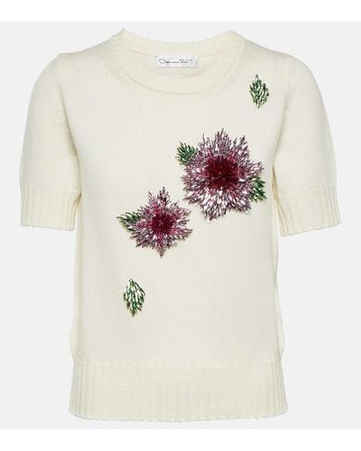 Oscar de la Renta Camiseta de lana con apliques florales - Blanco