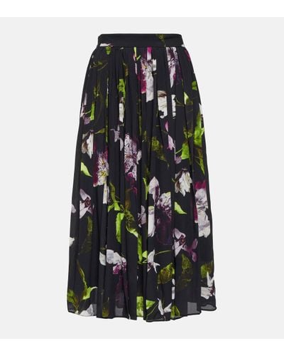 Erdem Floral Pleated Crepe Midi Skirt - Black