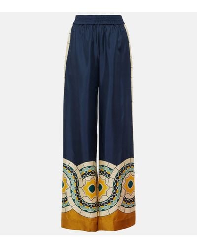 La DoubleJ Pantalon ample imprime en soie - Bleu