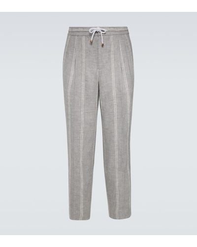 Brunello Cucinelli Linen, Wool And Silk-blend Straight Pants - Gray