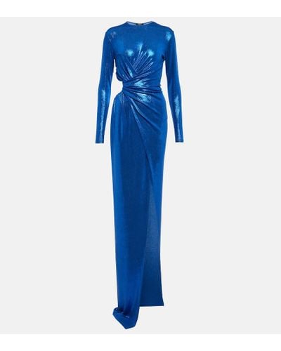 Balmain Draped Jersey Lame Gown - Blue