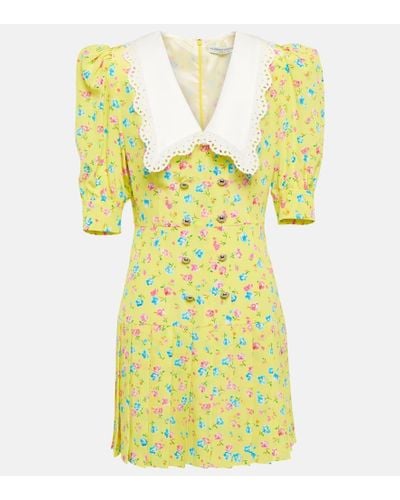 Alessandra Rich Flower Print Silk Mini Dress - Yellow