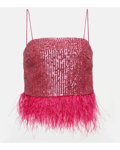 Rebecca Vallance Missing Hours Sequined Feather-trimmed Crop Top - Red