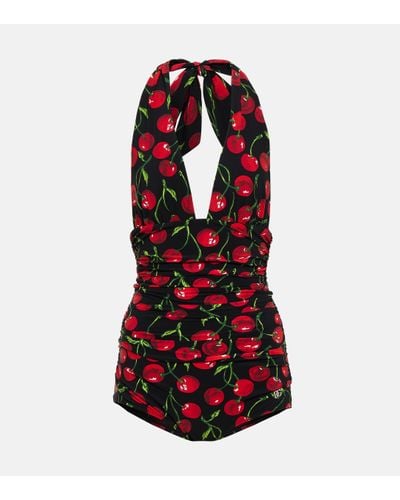 Dolce & Gabbana Ruched Printed Halterneck Swimsuit - Red