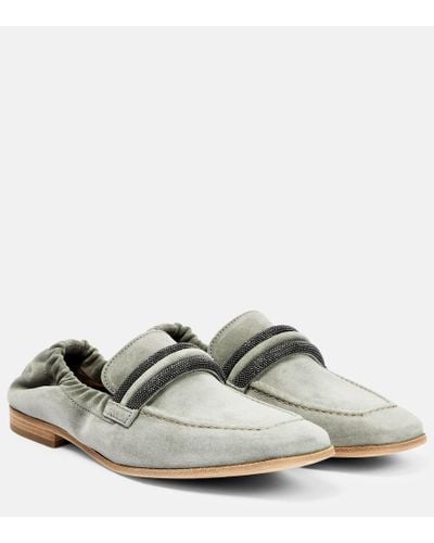 Brunello Cucinelli Embellished Suede Loafers - White