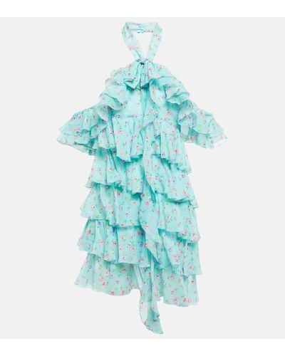 Alessandra Rich Halterneck Ruffle-detail Silk Minidress - Blue