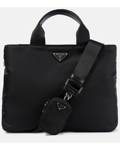 Prada Tote de nylon con ribete de piel - Negro