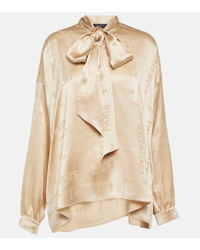 Balenciaga Logo Jacquard Silk Blouse - Natural