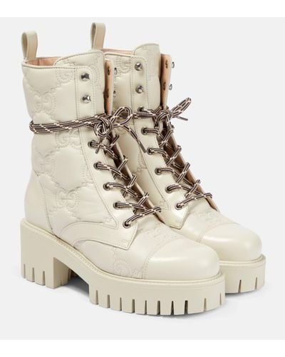Gucci Quilted-logo Leather Combat Boots - Natural