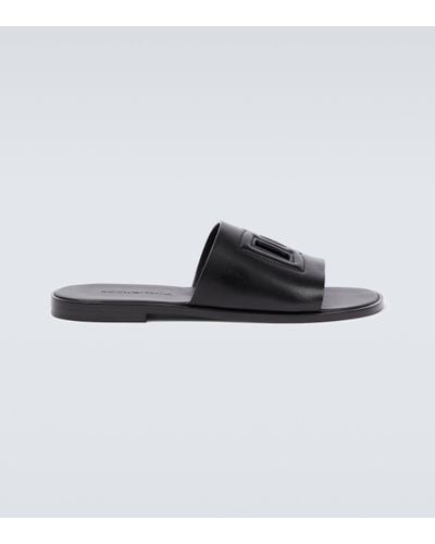 Dolce & Gabbana Logo Leather Slides - Black