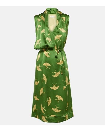 Dries Van Noten Draped Belted Printed Silk-satin Midi Dress - Green