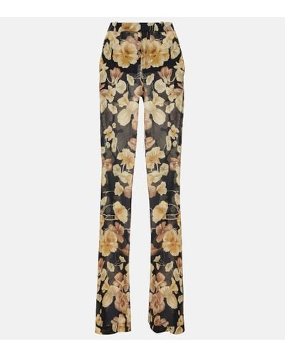 Saint Laurent Wide Leg Floral Silk Pants - Metallic
