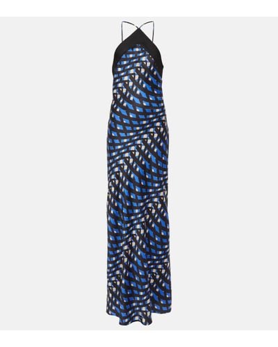 STAUD Robe longue Cubism imprimee en satin - Bleu