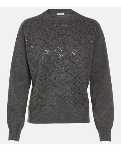 Brunello Cucinelli Verzierter Pullover aus Wolle, Kaschmir und Seide - Grau