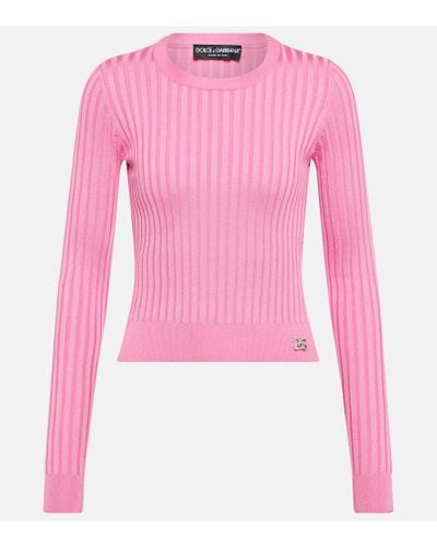 Dolce & Gabbana Dg Ribbed-knit Silk Cropped Sweater - Pink