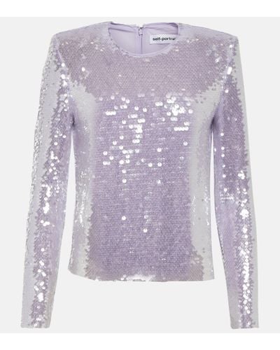 Self-Portrait Sequined Cropped Top - Purple