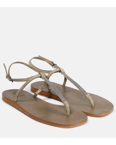 Brunello Cucinelli Embellished Suede Thong Sandals - Metallic
