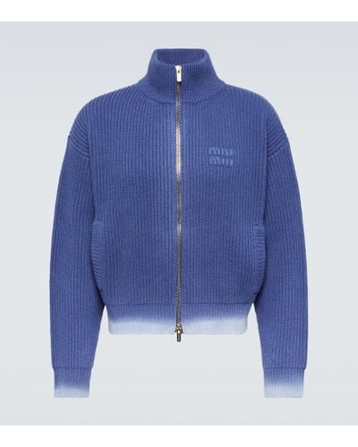 Miu Miu Cardigan in lana vergine con logo - Blu
