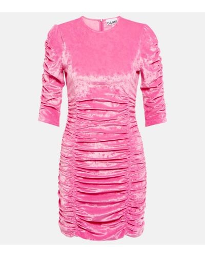 Ganni Ruched Velvet Minidress - Pink