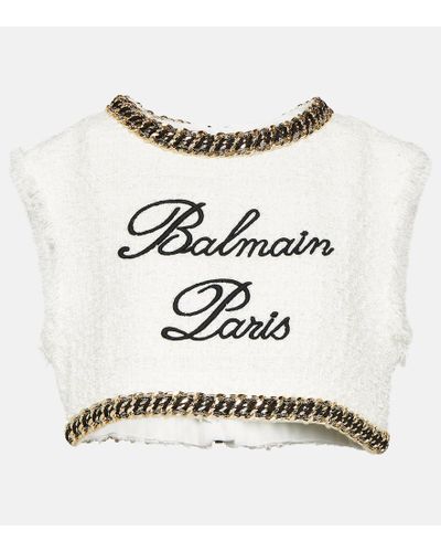 Balmain Logo Chain-detail Tweed Crop Top - Natural