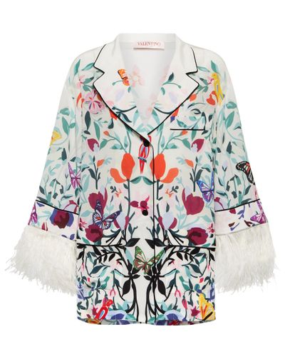 Valentino Feather-trimmed Silk Pajama Shirt - Multicolor