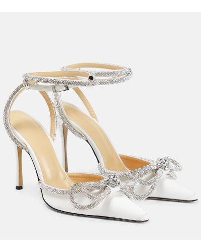 Mach & Mach Double Bow Crystal-embellished Silk-satin Point-toe Pumps - White