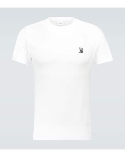 Burberry T-shirt bianca *ICON in cotone con monogramma TB ricamato a contrasto sul petto. - Bianco