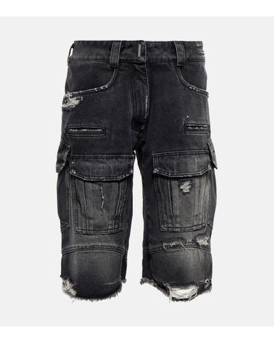 Givenchy Distressed Denim Cargo Shorts - Grey