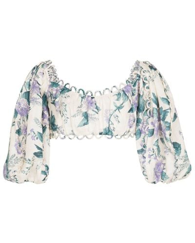 Zimmermann Top Cassia raccourci en lin a fleurs - Bleu