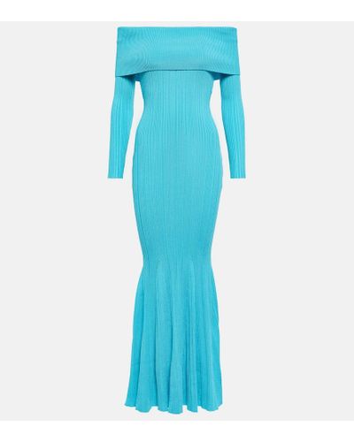 Self-Portrait Off-shoulder Ribbed-knit Maxi Dress - Blue