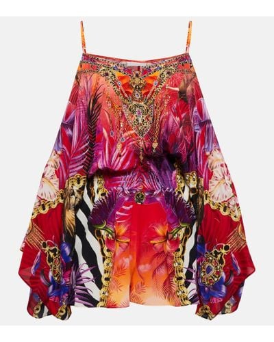 Camilla Printed Embellished Silk Playsuit - Red