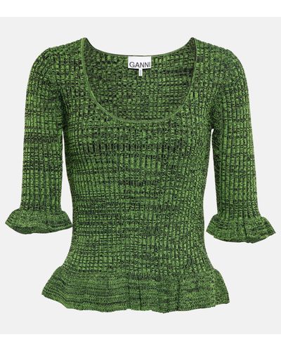 Ganni Ruffle-trimmed Ribbed-knit Jumper - Green