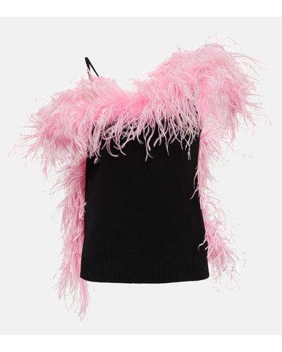 The Attico Feather-trimmed Knitted Top - Pink