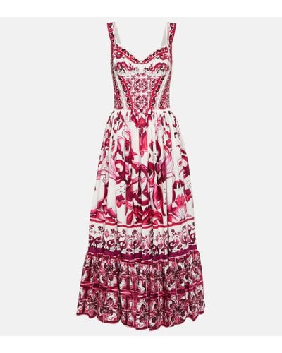 Dolce & Gabbana Calf-length Bustier Dress In Majolica-print Poplin - Pink