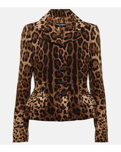 Dolce & Gabbana Single-Breasted Double Crepe Jacket With Leopard Print - Brown