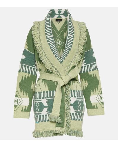 Alanui Icon Belted Fringed Jacquard-knit Cashmere Cardigan - Green