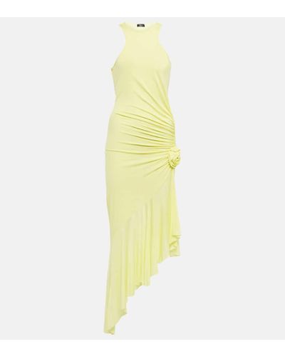 Blumarine Ruched Corsage Jersey Midi Dress - Yellow