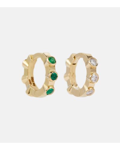 Ileana Makri Stepping Stone Midi 18kt Gold Hoop Earrings With Diamonds And Emeralds - Metallic