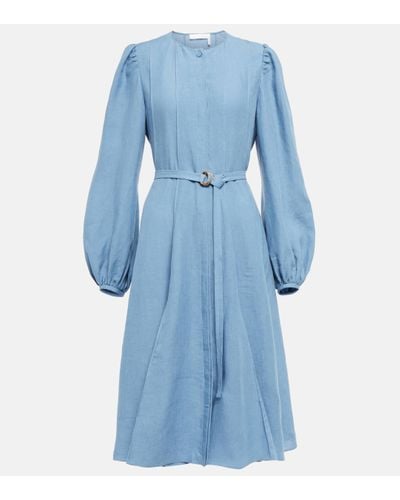 Chloé Belted Linen Midi Dress - Blue