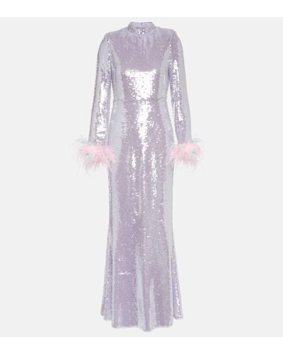 Self-Portrait Feather-trimmed Sequined Gown - Purple