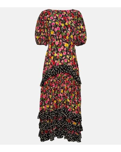 Rent Rixo Ginger Poppy Jacquard Tie Waist Midi Dress