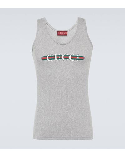 Gucci Logo Ribbed-knit Cotton Jersey Tank Top - Grey