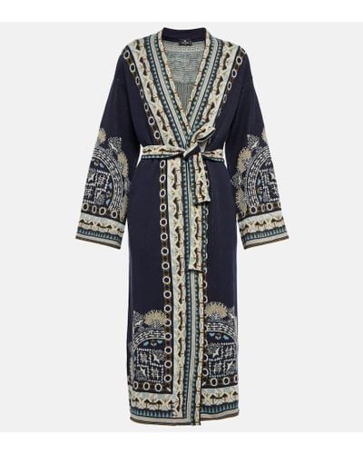 Etro Jacquard Silk And Linen-blend Robe - Blue