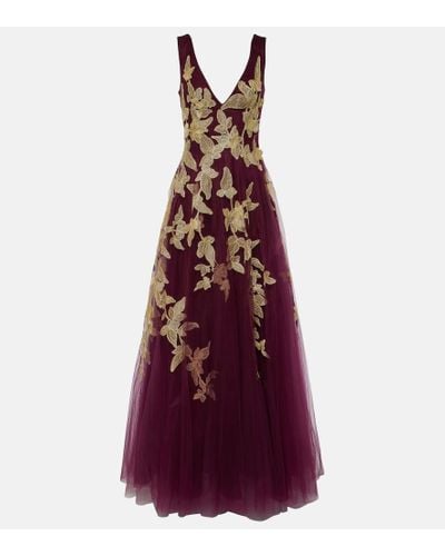 Costarellos Floral Applique Tulle Gown - Purple